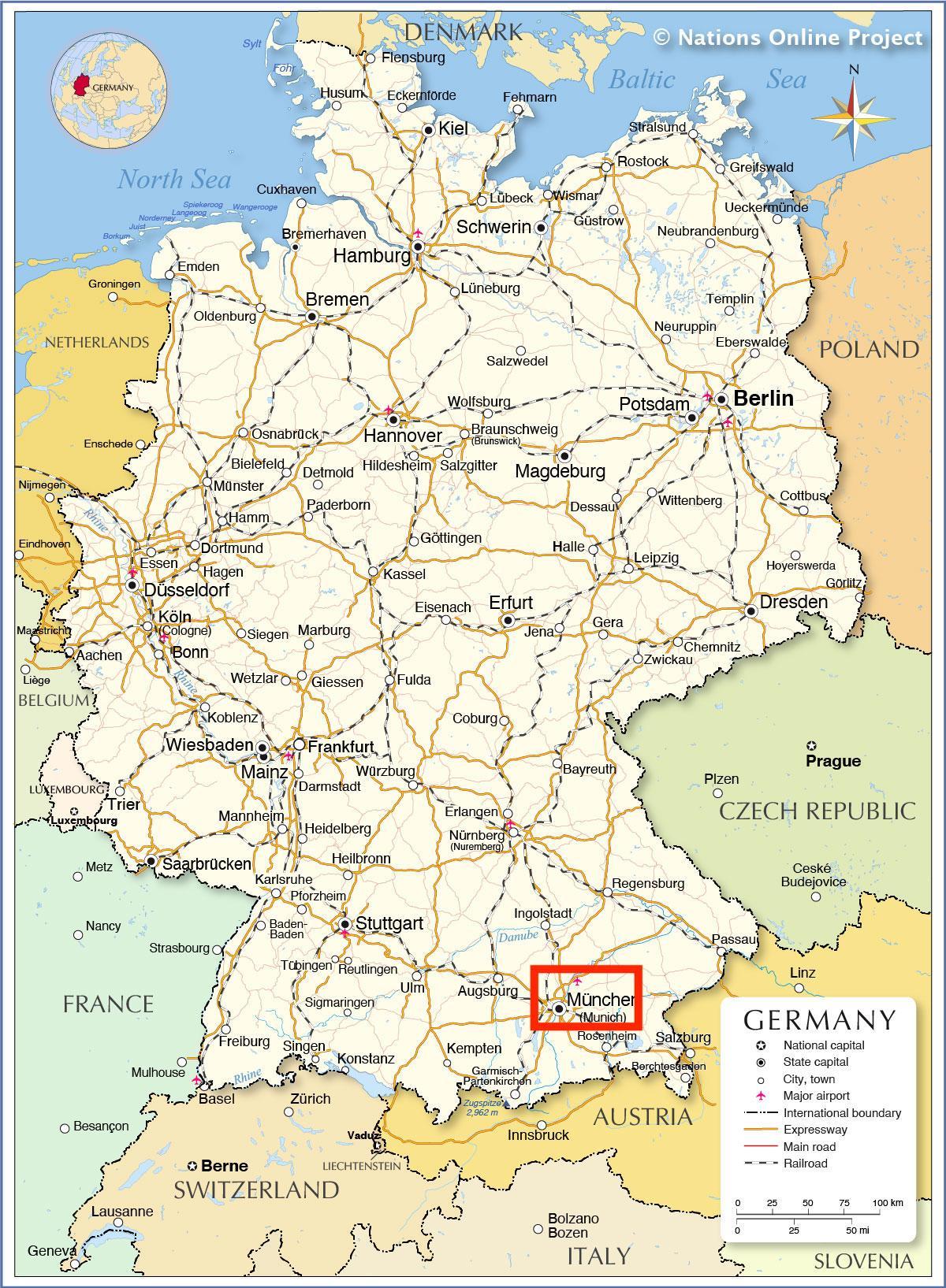 Munique no mapa da Baviera - Alemanha