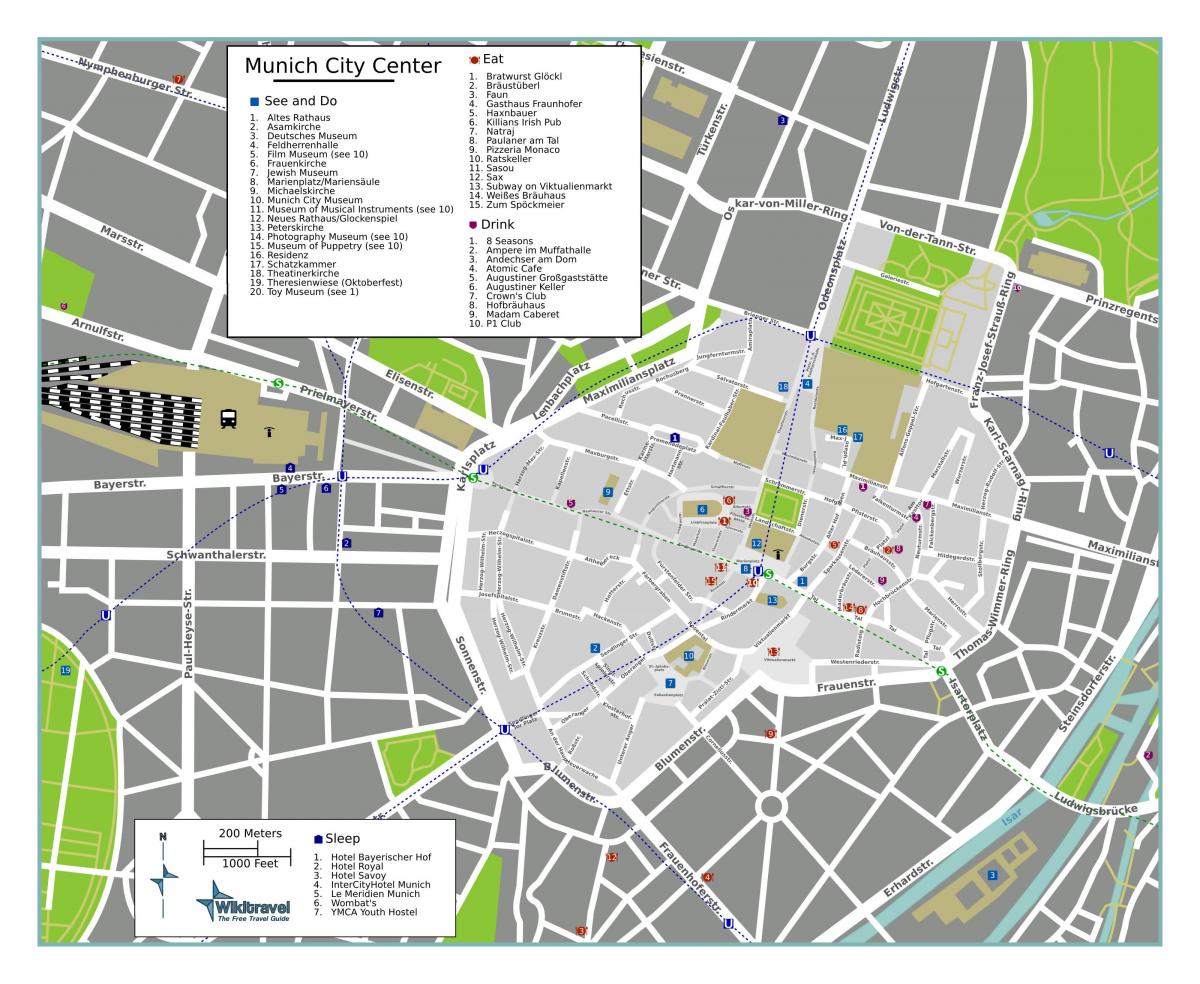 Mapa dos passeios a pé em Munique