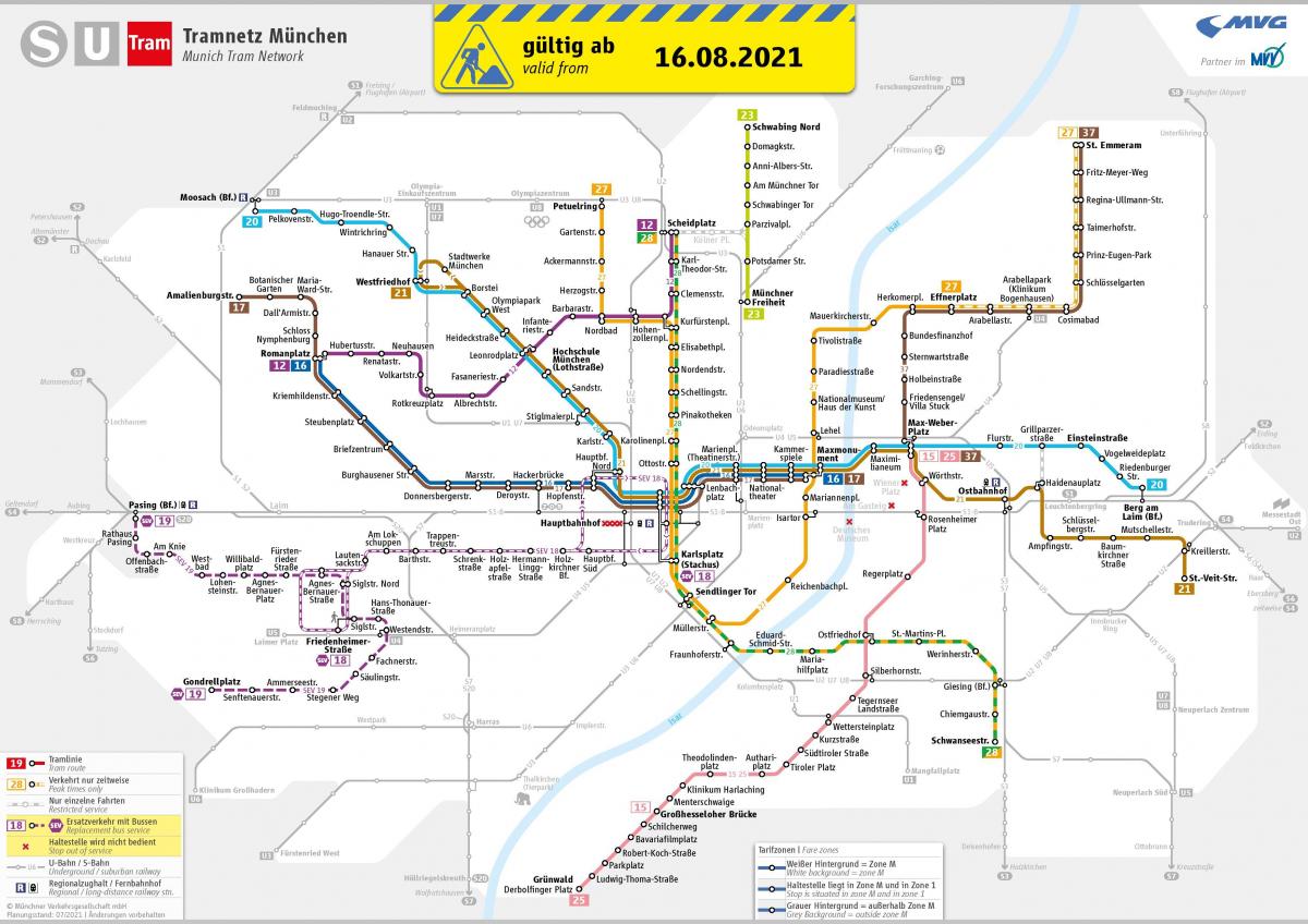 Mapa das estações de eléctrico de Munique
